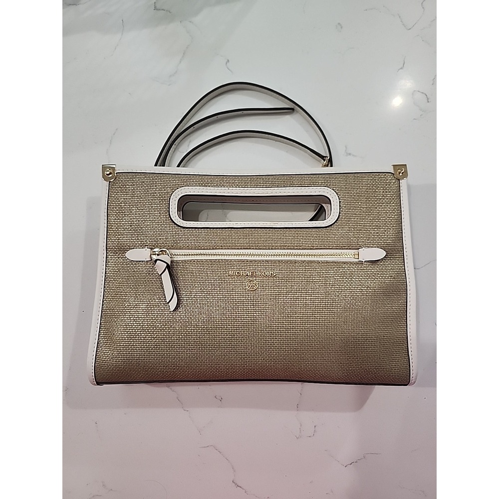 MICHAEL KORS Jane Large Cotton Canvas Clutch Metallic Optic White EUC